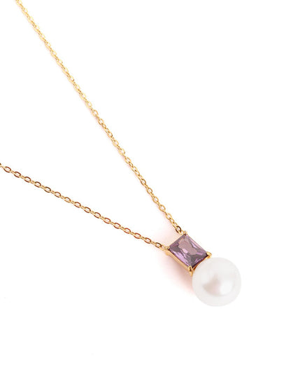18kt Gold Plated Lavender CZ Pearl Necklace and Drop Earring Set