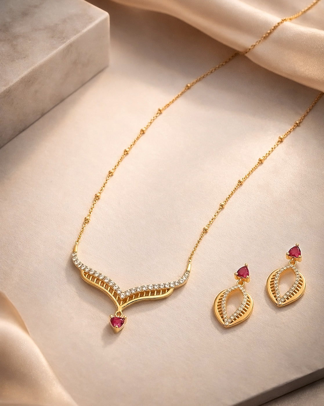18kt Gold Plated Red CZ Heart Necklace and Earring Set
