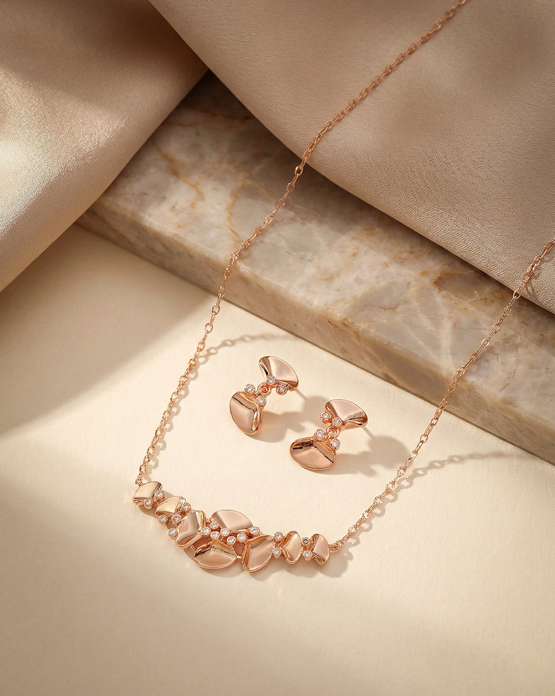 18kt Rose Gold Plated CZ Contemporary Necklace and Earring Set