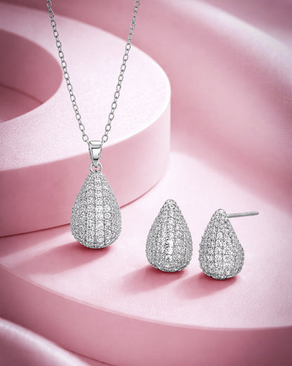 Silver Plated CZ Teardrop Necklace and Earring Set
