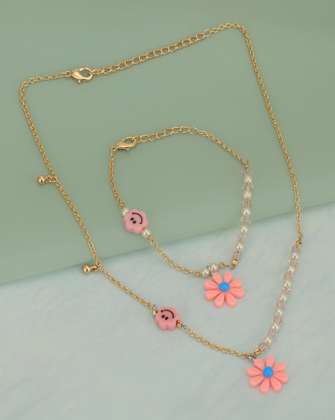 Gold Plated with Floral &amp; Smiley Beads Jewellery Set for girl