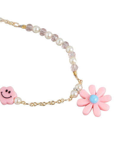 Gold Plated with Floral &amp; Smiley Beads Jewellery Set for girl
