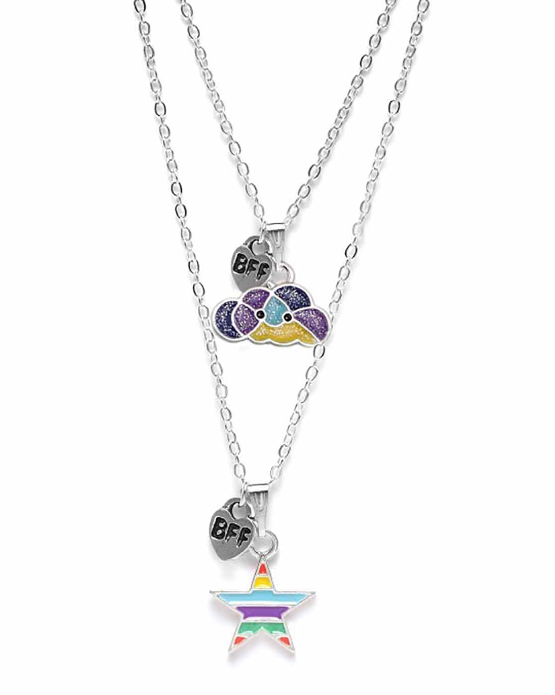 GenZ Silver Plated Rainbow and Star Engrave BFF Enamel Pendant Necklace Set of 2 for Girls