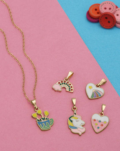 GenZ Rose Gold Plated Set of 5 Inter changeable Multi Figure Enamel Pendant Necklace