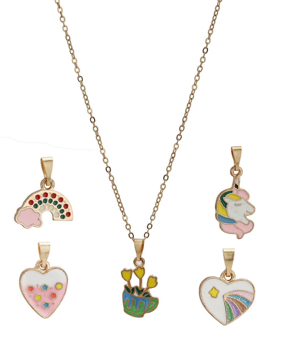 GenZ Rose Gold Plated Set of 5 Inter changeable Multi Figure Enamel Pendant Necklace