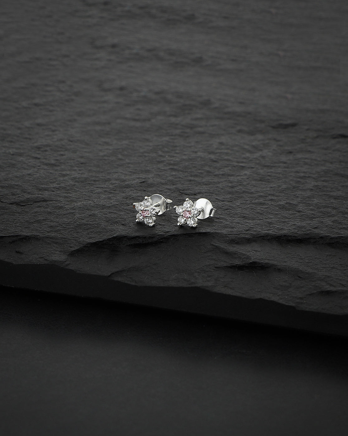 Carlton London Pink 925 Sterling Silver Rhodium Plated Cz Floral Stud Earring