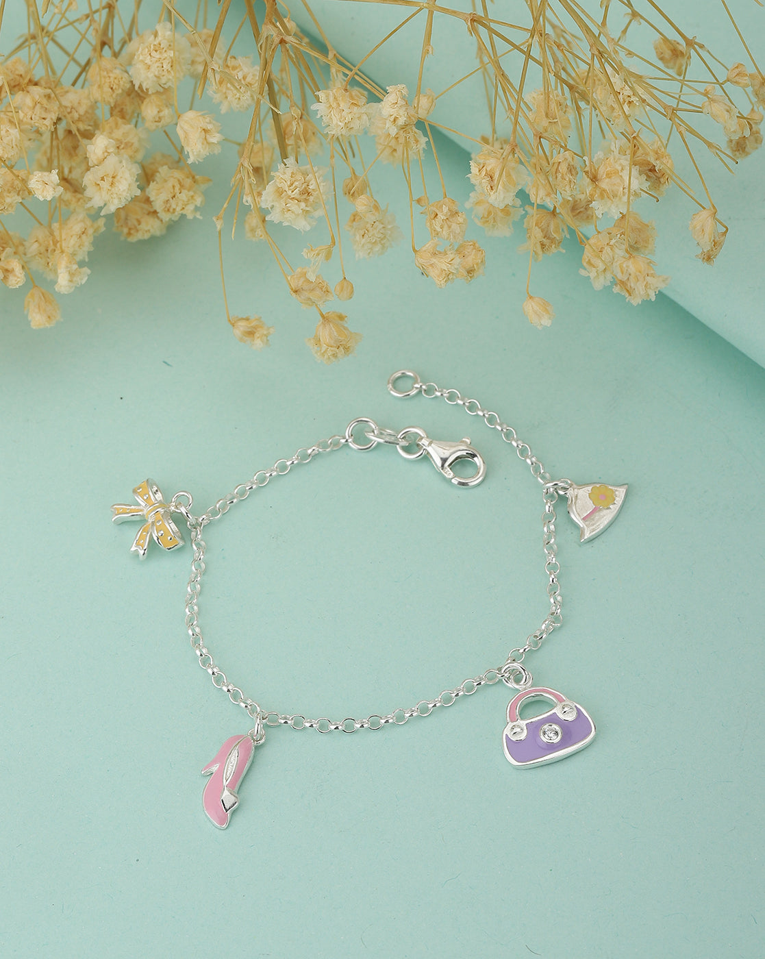 Carlton London 925 Sterling Silver Rhodium Plated Enamel Charm Bracelet
