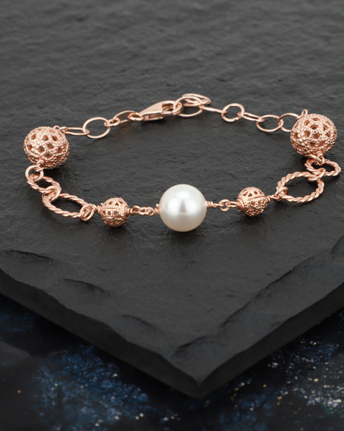 Carlton London Rose Gold Plated With Pearl Charm Bracelet