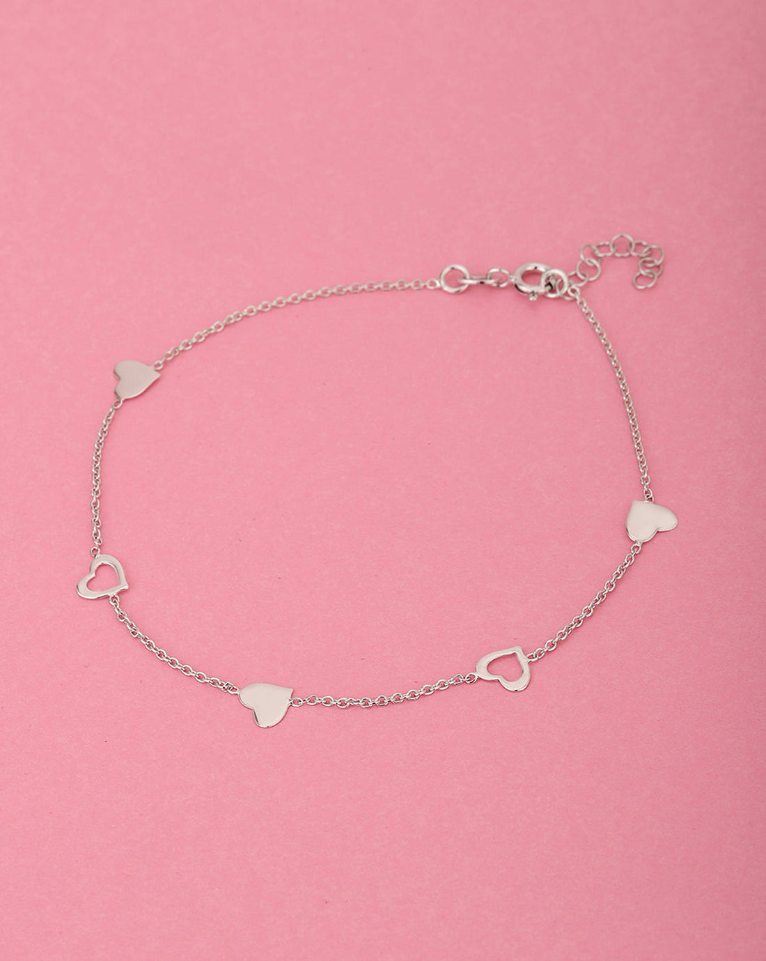 925 Sterling Silver Inline Heart With Rhodium Plated Adjustable Anklet