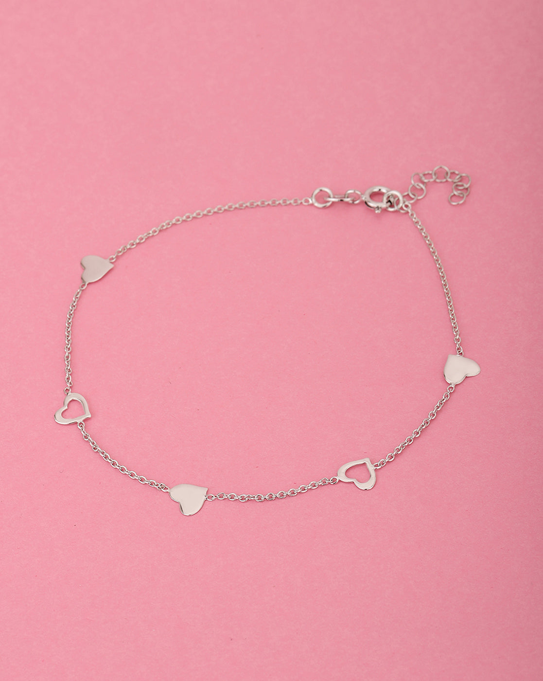 925 Sterling Silver Inline Heart With Rhodium Plated Adjustable Anklet
