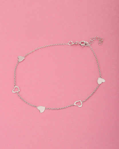 925 Sterling Silver Inline Heart With Rhodium Plated Adjustable Anklet