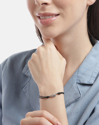 925 Sterling Silver Leaf Charm In Rhodium Plating With Cotton Cord Adjustable Bracelet