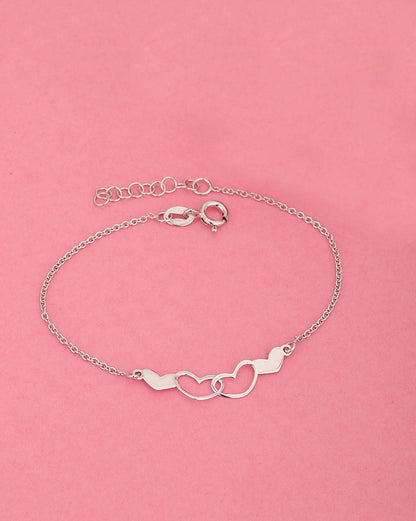 925 Sterling Silver Rhodium Plated Interlocked Heart Duo Bracelet, Adjustable
