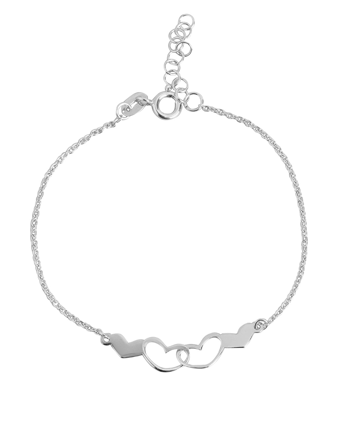 925 Sterling Silver Rhodium Plated Interlocked Heart Duo Bracelet, Adjustable