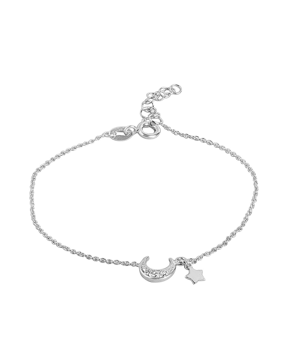 925 Sterling Silver Women Rhodium Plated With Cz Moon &amp; Stars Charm Bracelet Adjustable