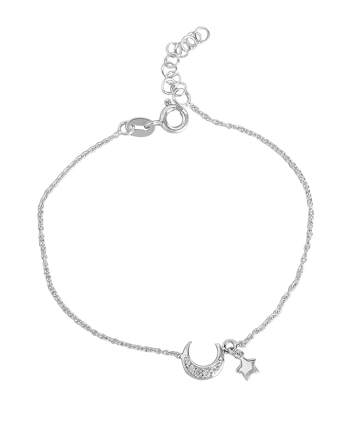 925 Sterling Silver Women Rhodium Plated With Cz Moon &amp; Stars Charm Bracelet Adjustable