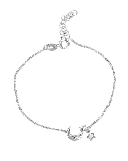 925 Sterling Silver Women Rhodium Plated With Cz Moon &amp; Stars Charm Bracelet Adjustable