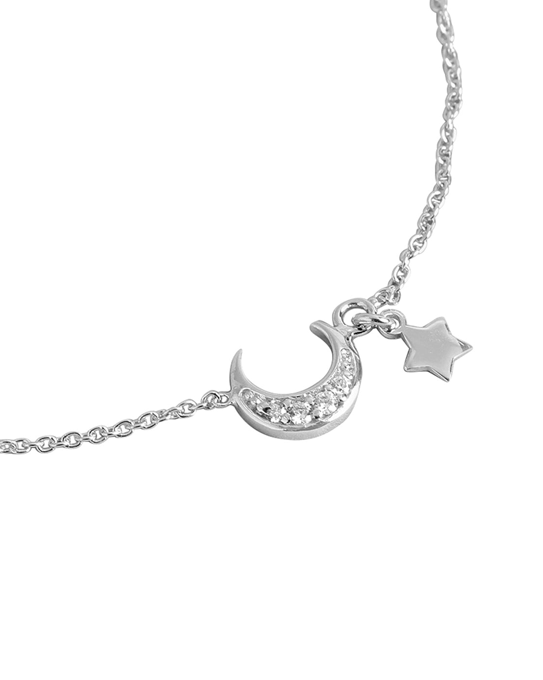 925 Sterling Silver Women Rhodium Plated With Cz Moon &amp; Stars Charm Bracelet Adjustable