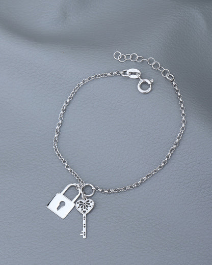 925 Sterling Silver Rhodium Plated with Key and Lock Charm Bracelet for women