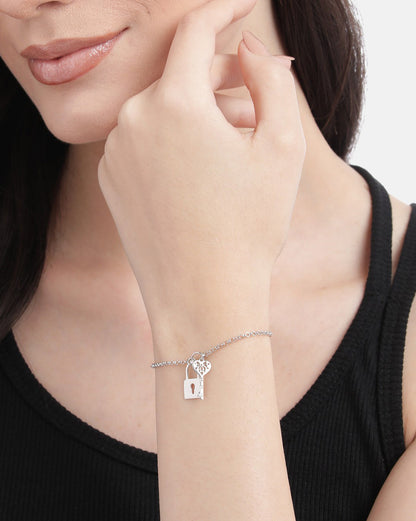 925 Sterling Silver Rhodium Plated with Key and Lock Charm Bracelet for women