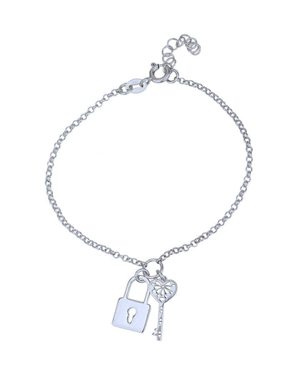925 Sterling Silver Rhodium Plated with Key and Lock Charm Bracelet for women