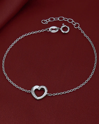 925 Sterling Silver Rhodium Plated CZ Heart Charm Bracelet