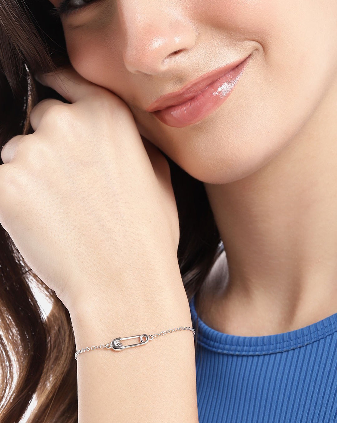 925 Sterling Silver Rhodium Plated with CZ Safety Pin Charm Bracelet