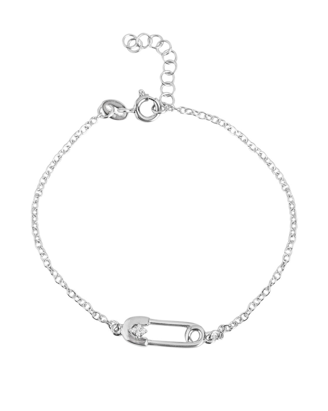 925 Sterling Silver Rhodium Plated with CZ Safety Pin Charm Bracelet
