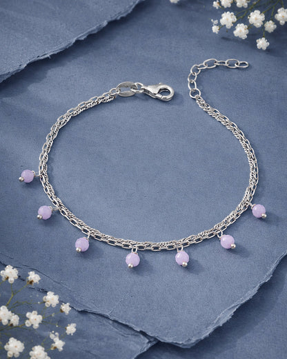 925 Sterling Silver Rhodium Plated Pink Glass Bead Double Chain Bracelet