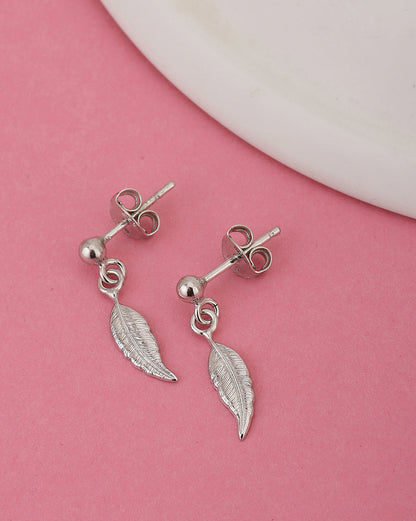 925 Sterling Silver Dangling Leaf With Rhodium Plated Drop Earring