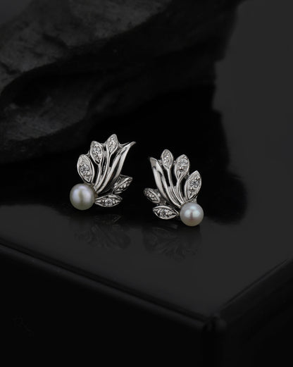 925 Sterling Silver Rhodium Plated CZ and Pearl Fancy Stud Earring