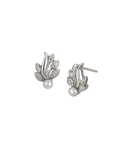925 Sterling Silver Rhodium Plated CZ and Pearl Fancy Stud Earring
