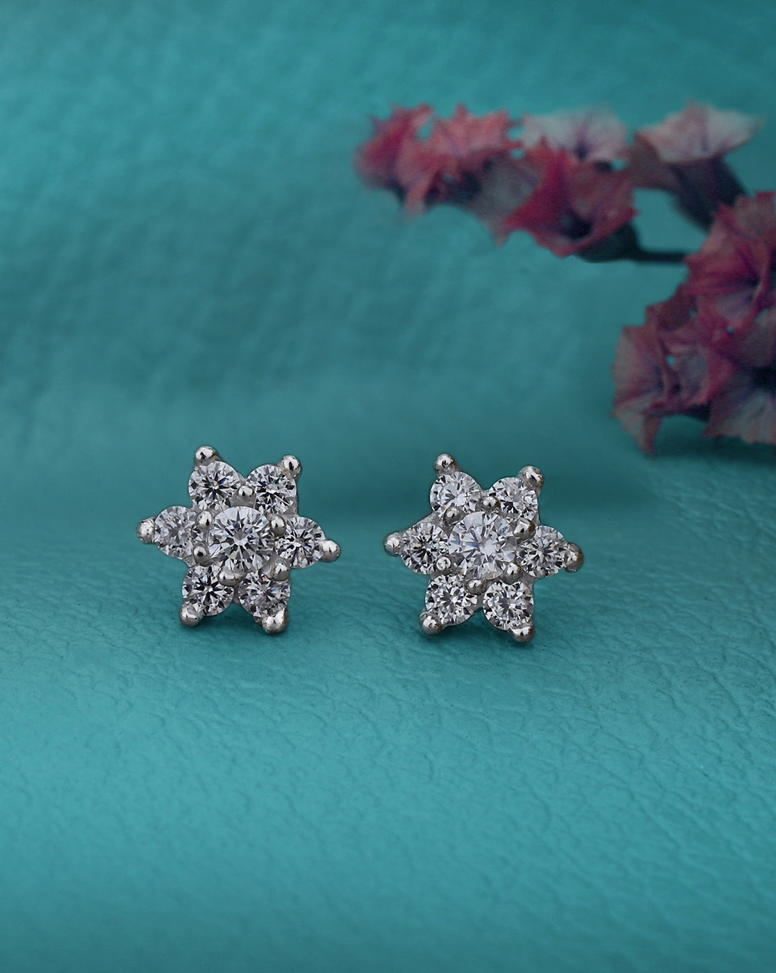 925 Sterling Silver Rhodium Plated CZ Floral Petite Stud Earring