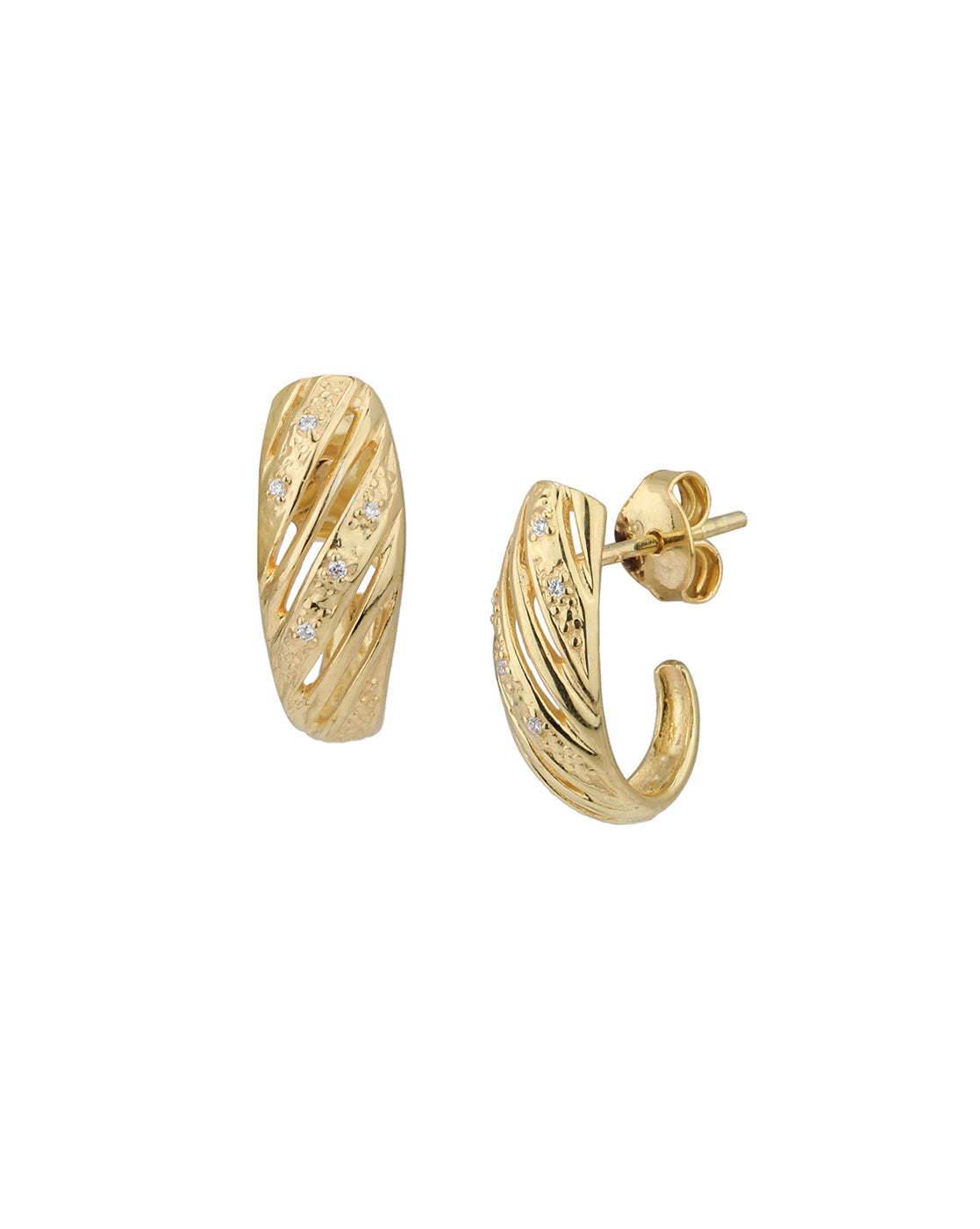 925 Sterling Silver 18kt Gold Plated CZ Contemporary Half Hoop Earring