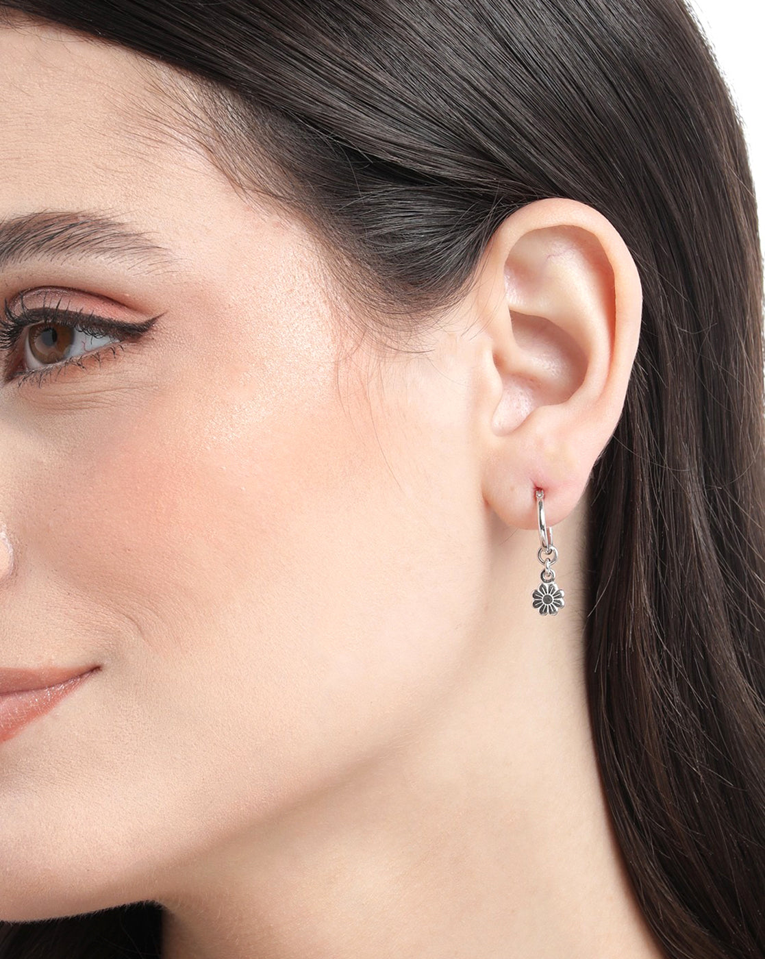925 Sterling Silver Rhodium Plated Floral Hoop Earring
