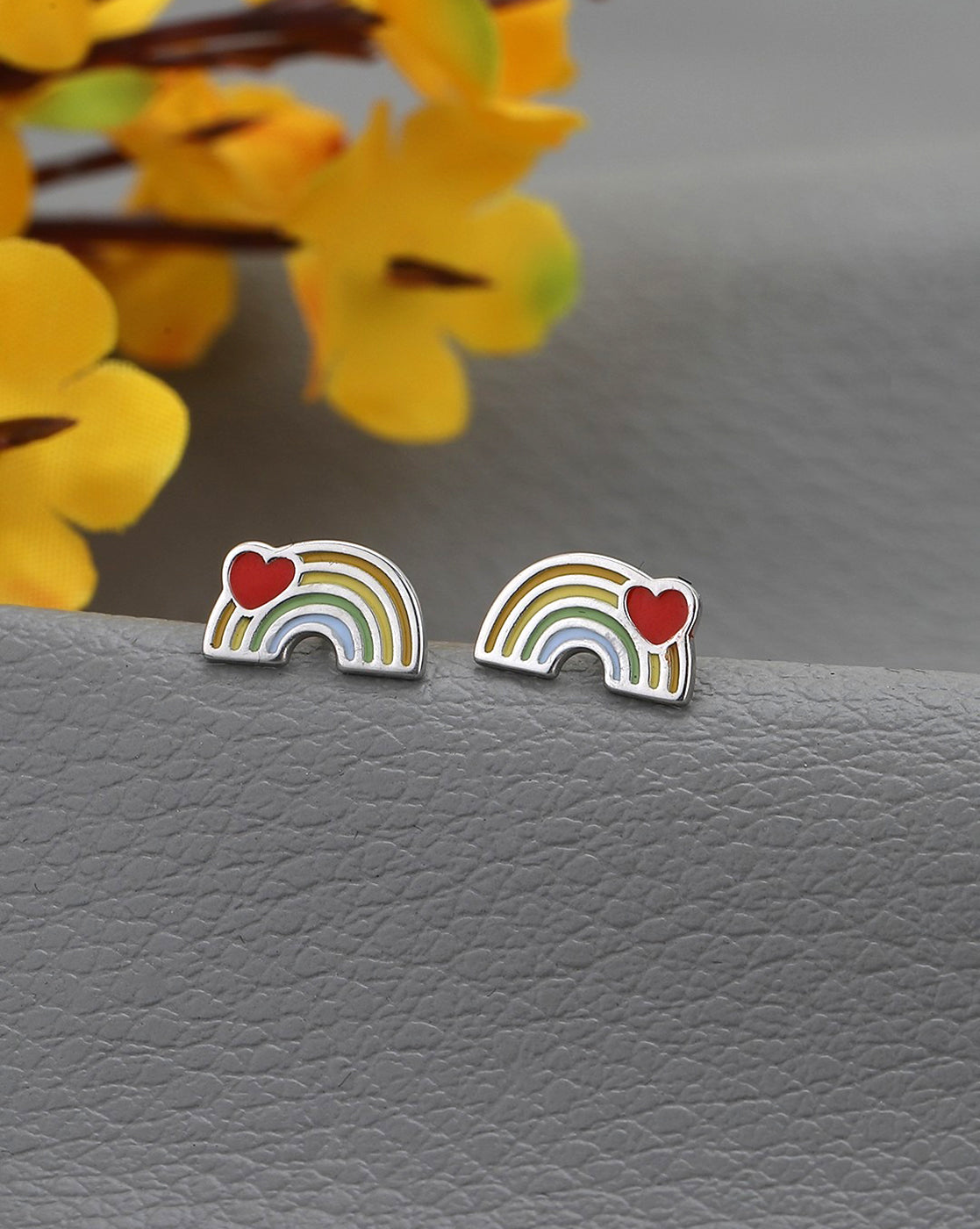 925 Sterling Silver Rhodium Plated Enamel Rainbow with Heart Stud Earring