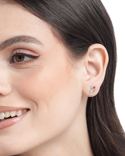 925 Sterling Silver Rhodium Plated Enamel Rainbow with Heart Stud Earring