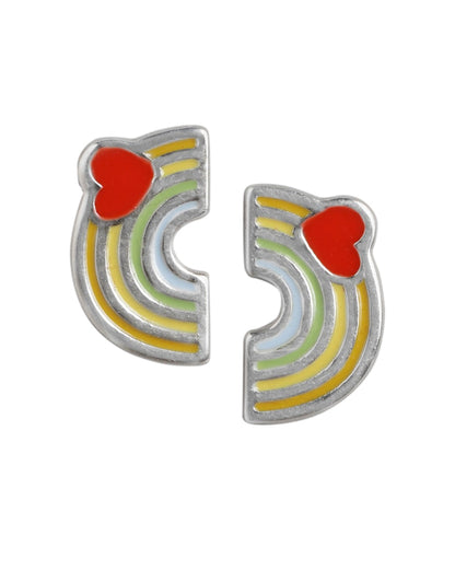 925 Sterling Silver Rhodium Plated Enamel Rainbow with Heart Stud Earring