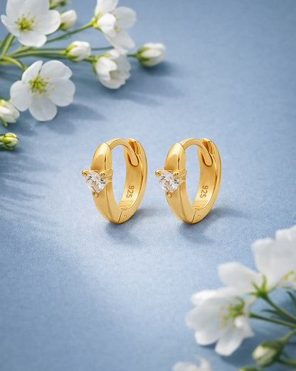 925 Sterling Silver 18kt Gold Plated CZ Heart Mini Circular Hoop Earring