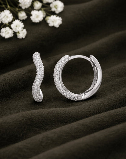 925 Sterling Silver Rhodium Plated CZ Sculpted Curve Hoop Earring