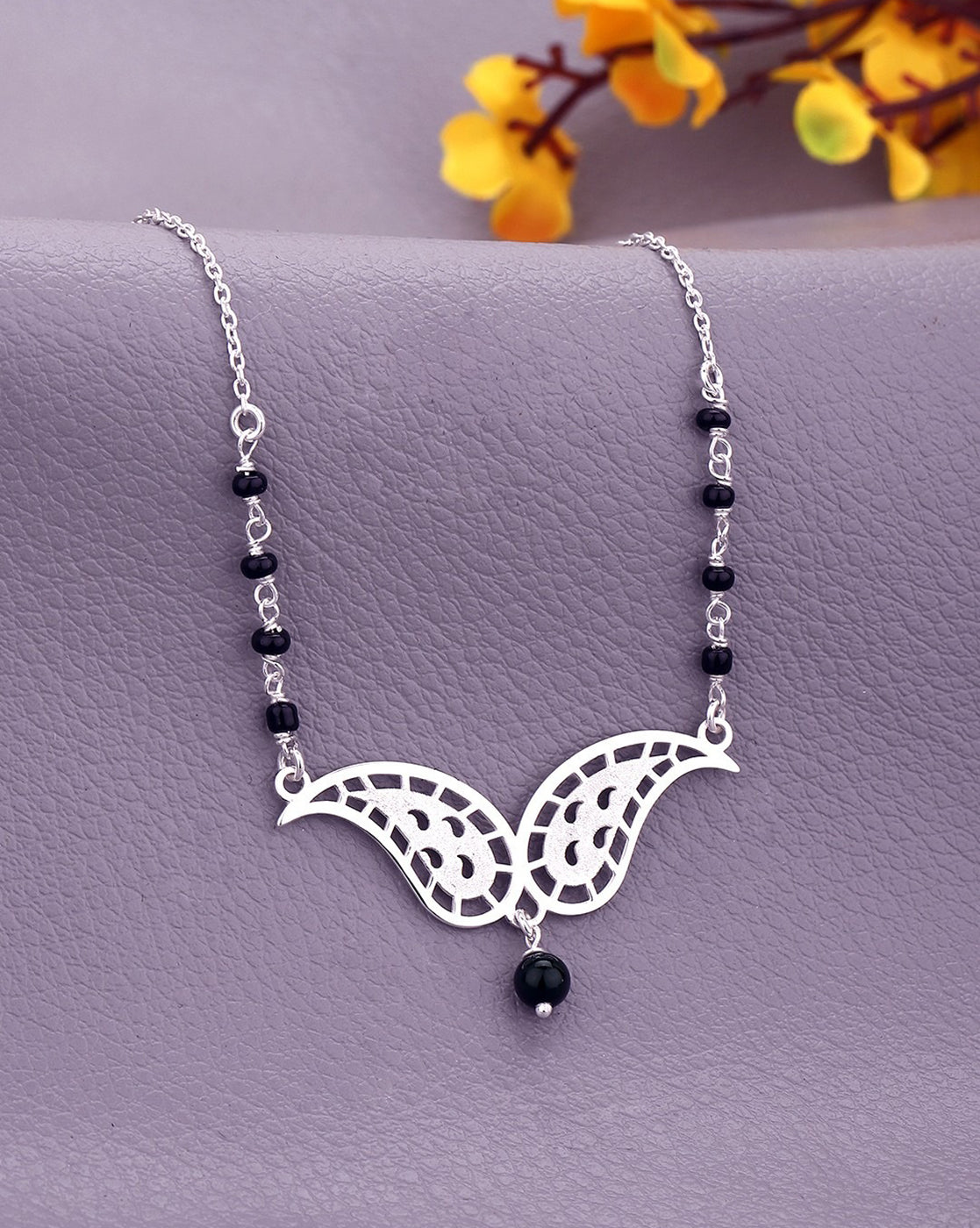 925 Sterling Silver Rhodium Plated with Glass Bead &amp; Natural Onyx Stone Mangalsutra
