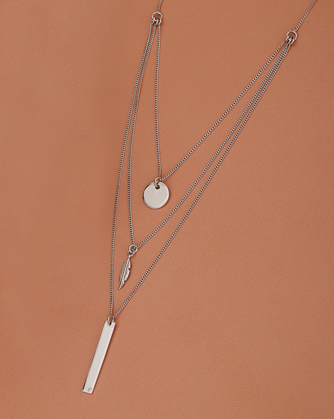 925 Sterling Silver Dangling Bar &amp; Leaf With Rhodium Plated Layered Necklace