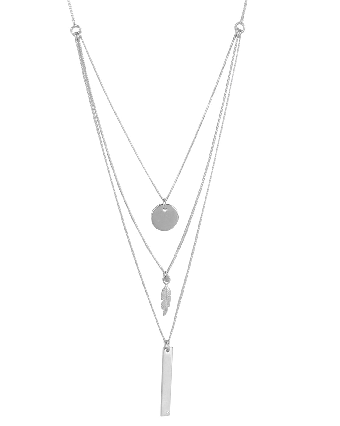 925 Sterling Silver Dangling Bar &amp; Leaf With Rhodium Plated Layered Necklace