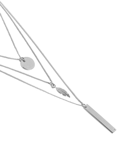 925 Sterling Silver Dangling Bar &amp; Leaf With Rhodium Plated Layered Necklace