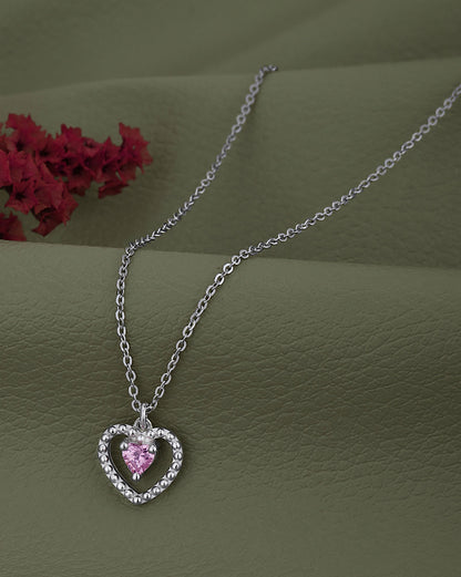 925 Sterling Silver Rhodium Plated Dangling Solitaire in Heart Pendant and Chain