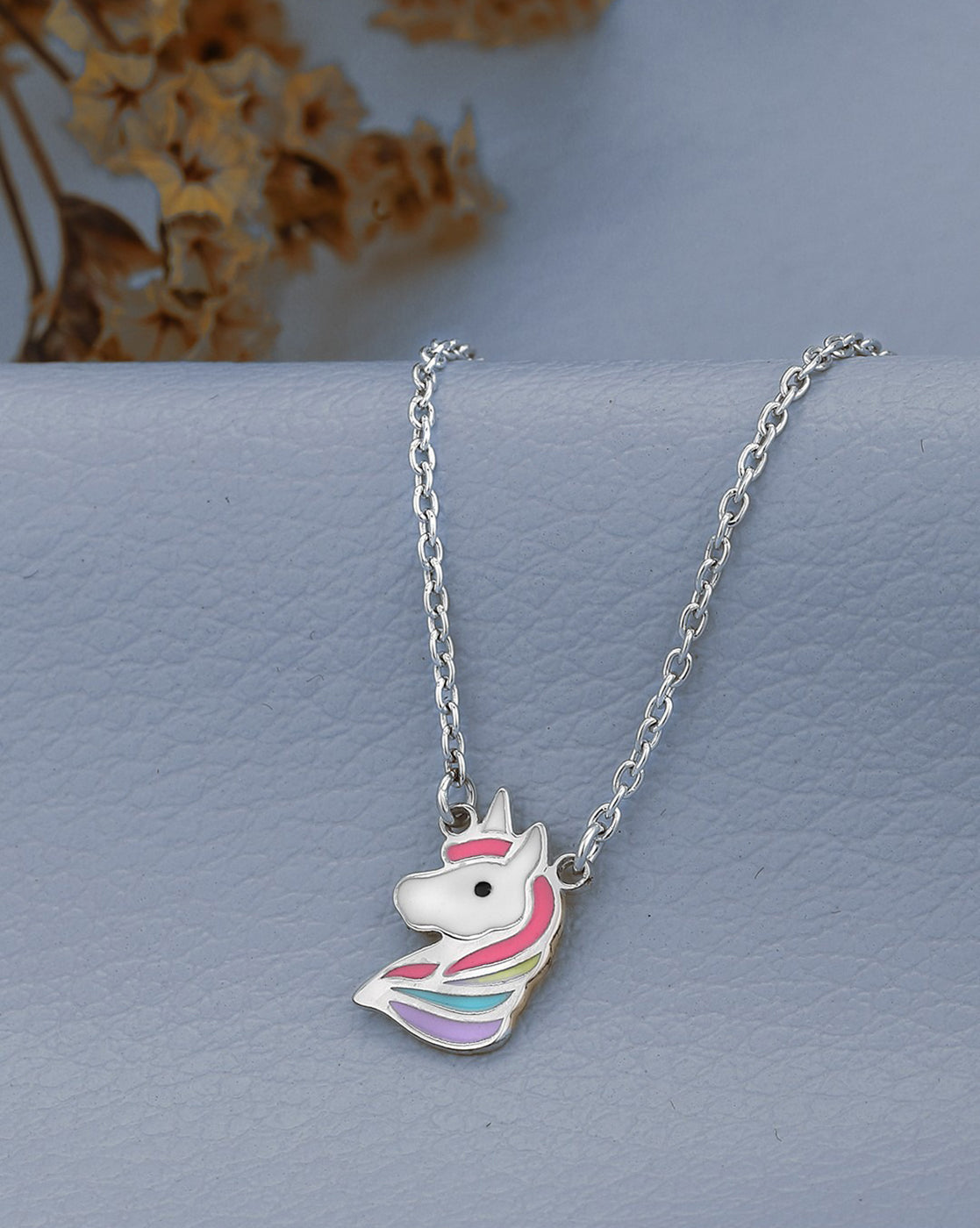925 Sterling Silver Rhodium Plated with Enamel Unicorn Pendant and Chain