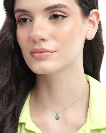 925 Sterling Silver Rhodium Plated Enamel Cactus in a Pot Necklace