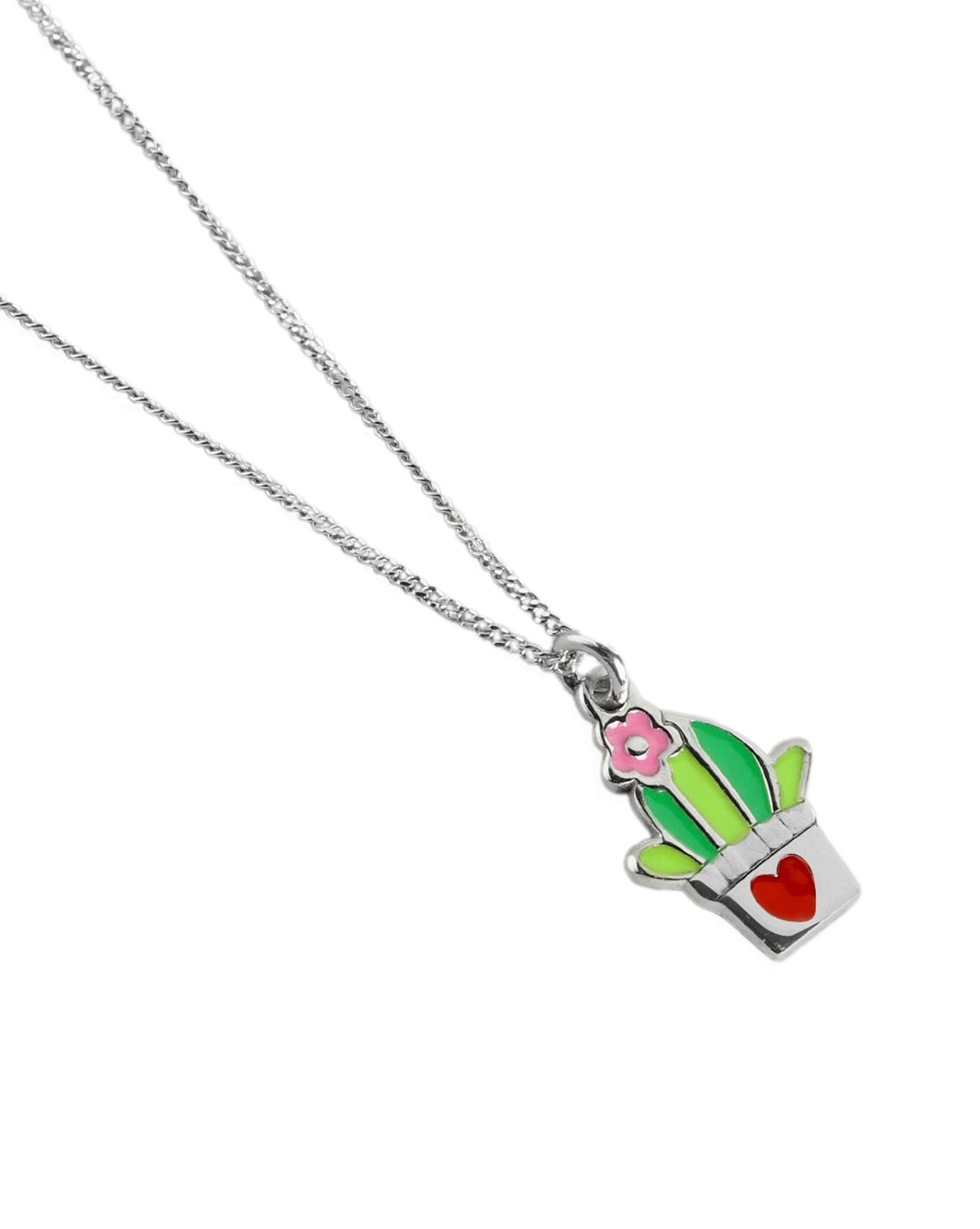 925 Sterling Silver Rhodium Plated Enamel Cactus in a Pot Necklace