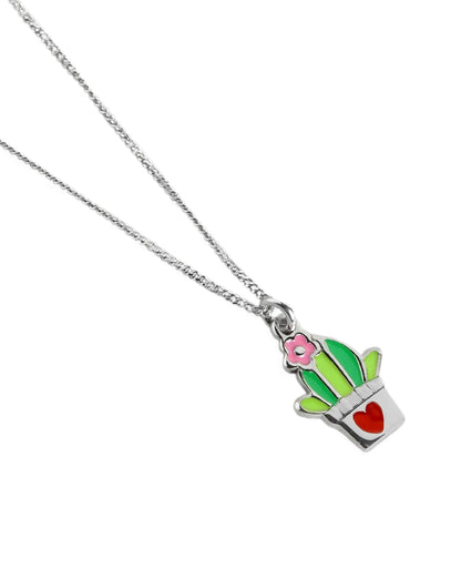 925 Sterling Silver Rhodium Plated Enamel Cactus in a Pot Necklace
