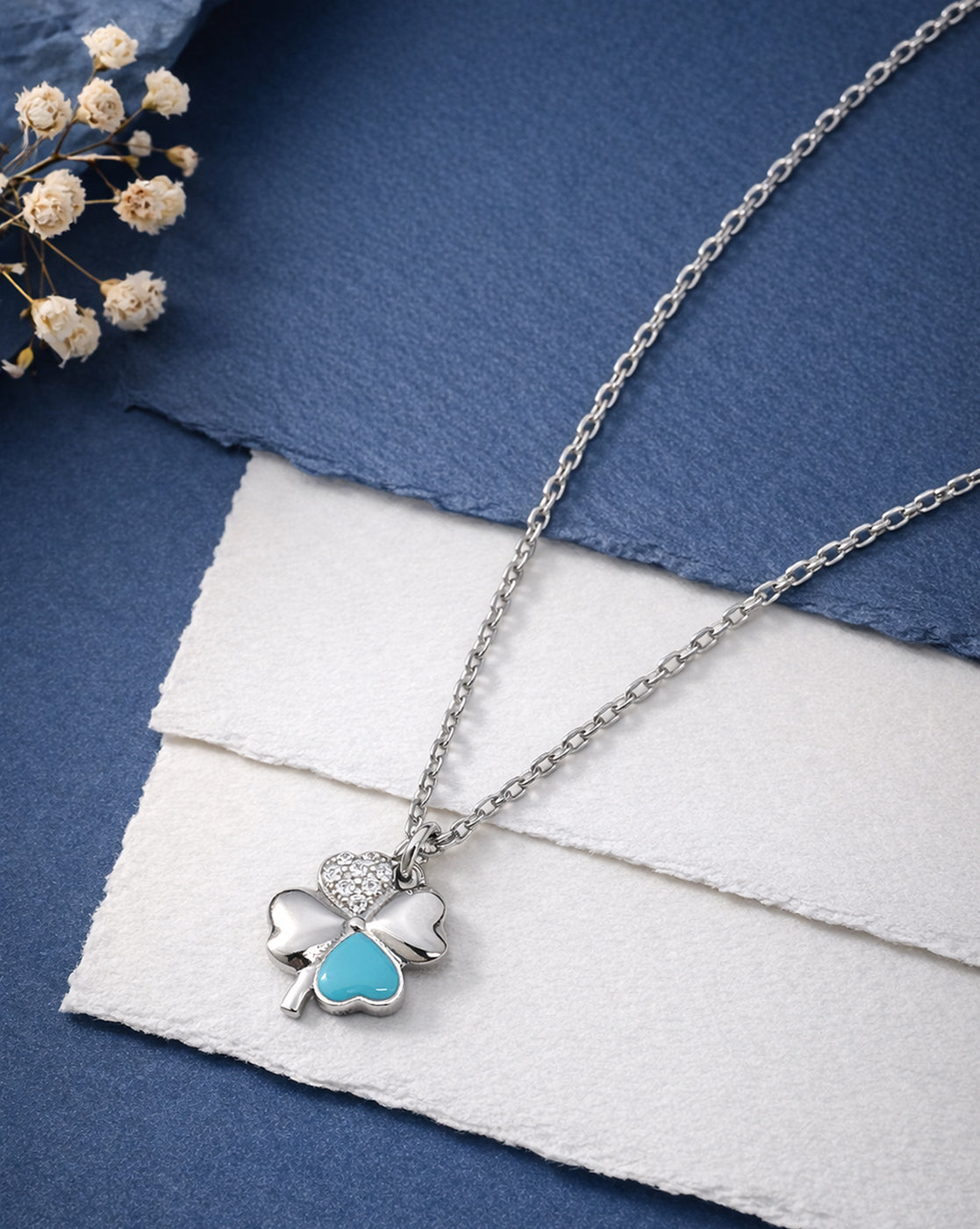925 Sterling Silver Rhodium Plated CZ Enamel Clover Pendant and Chain